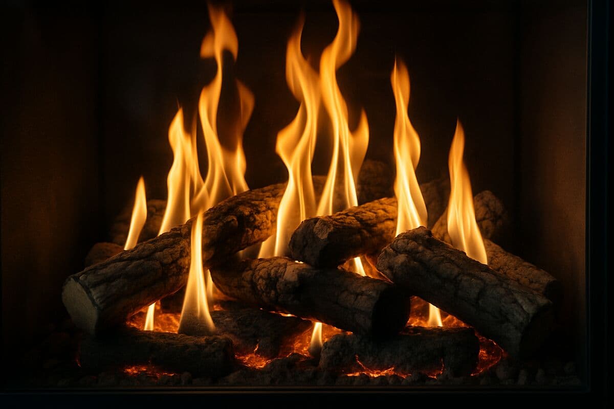 Close-up of gas fireplace flames dancing over glowing ceramic logs behind a sealed glass front