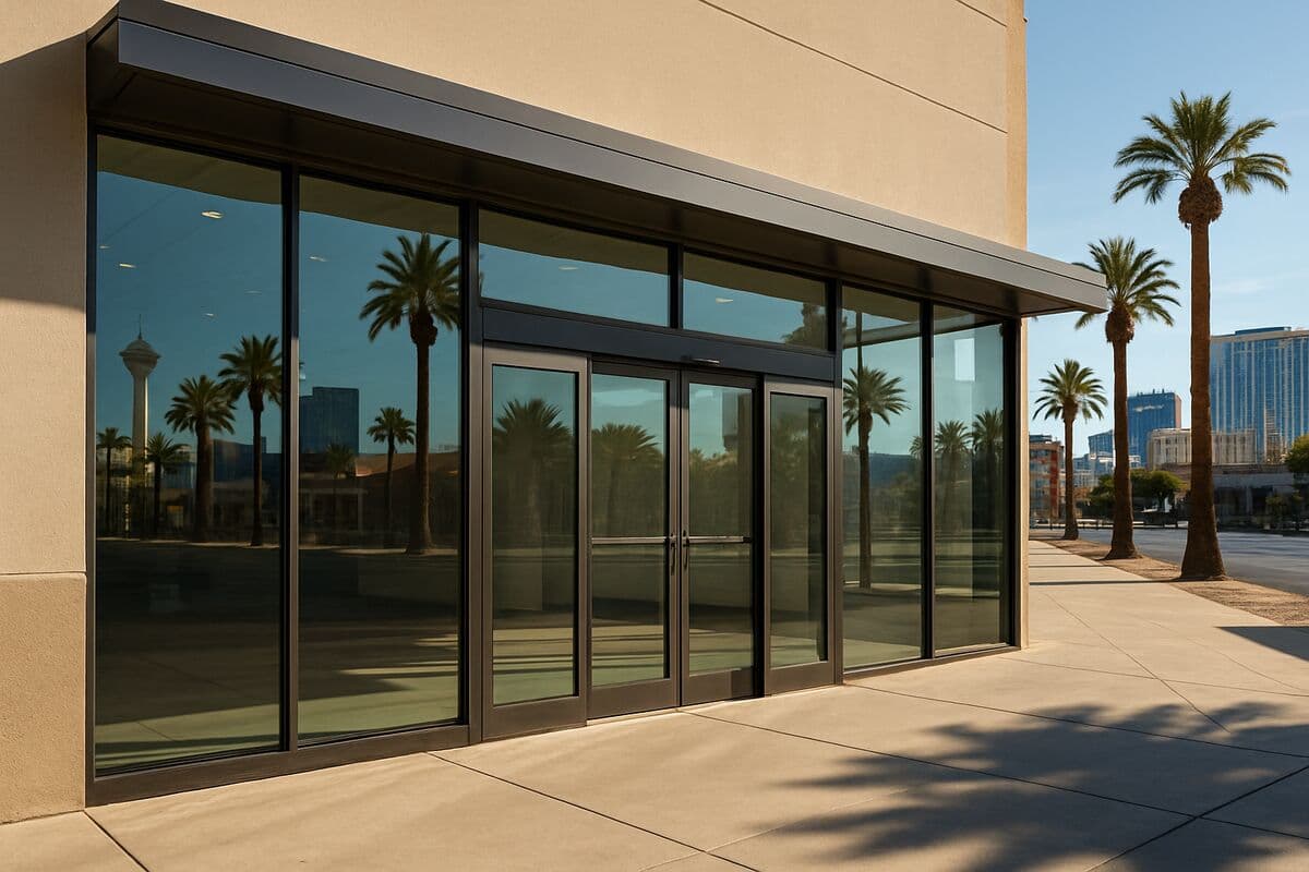 A sleek modern commercial glass storefront with large glass panels and automatic entry doors on a sunny street