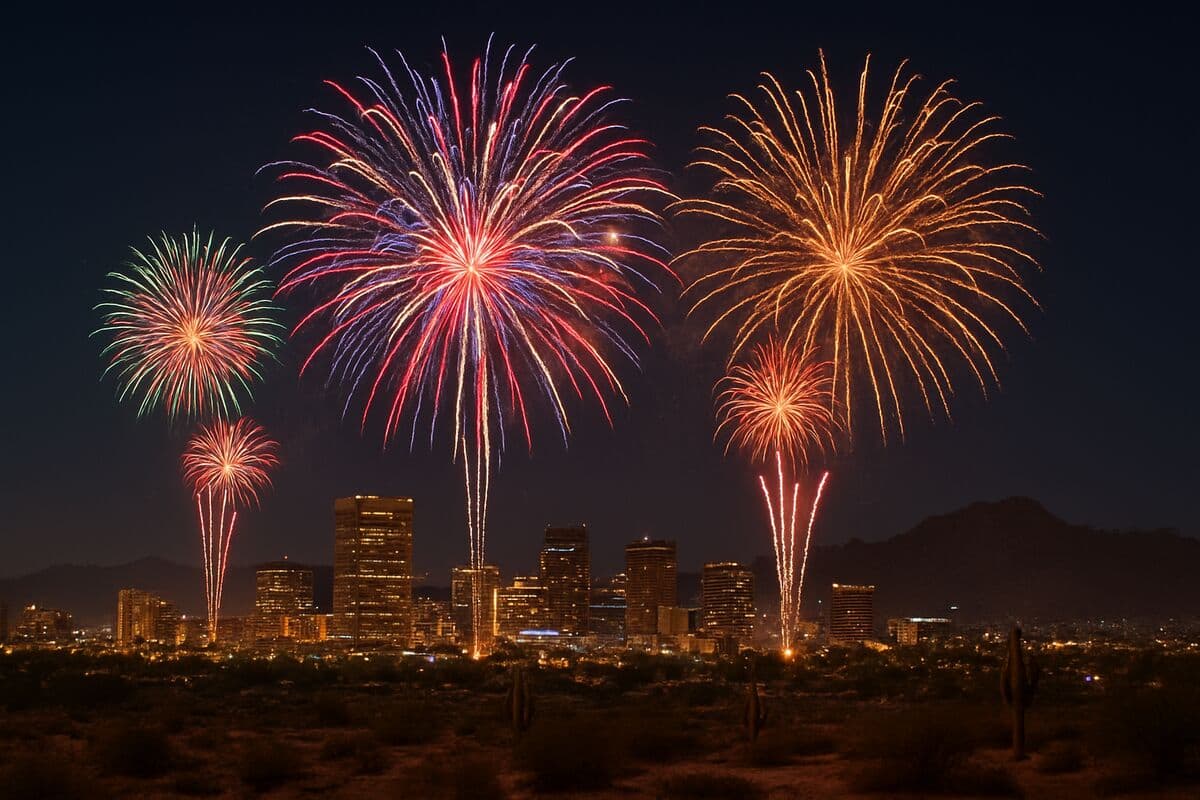 Colorful Fourth of July fireworks bursting over a desert city skyline at night