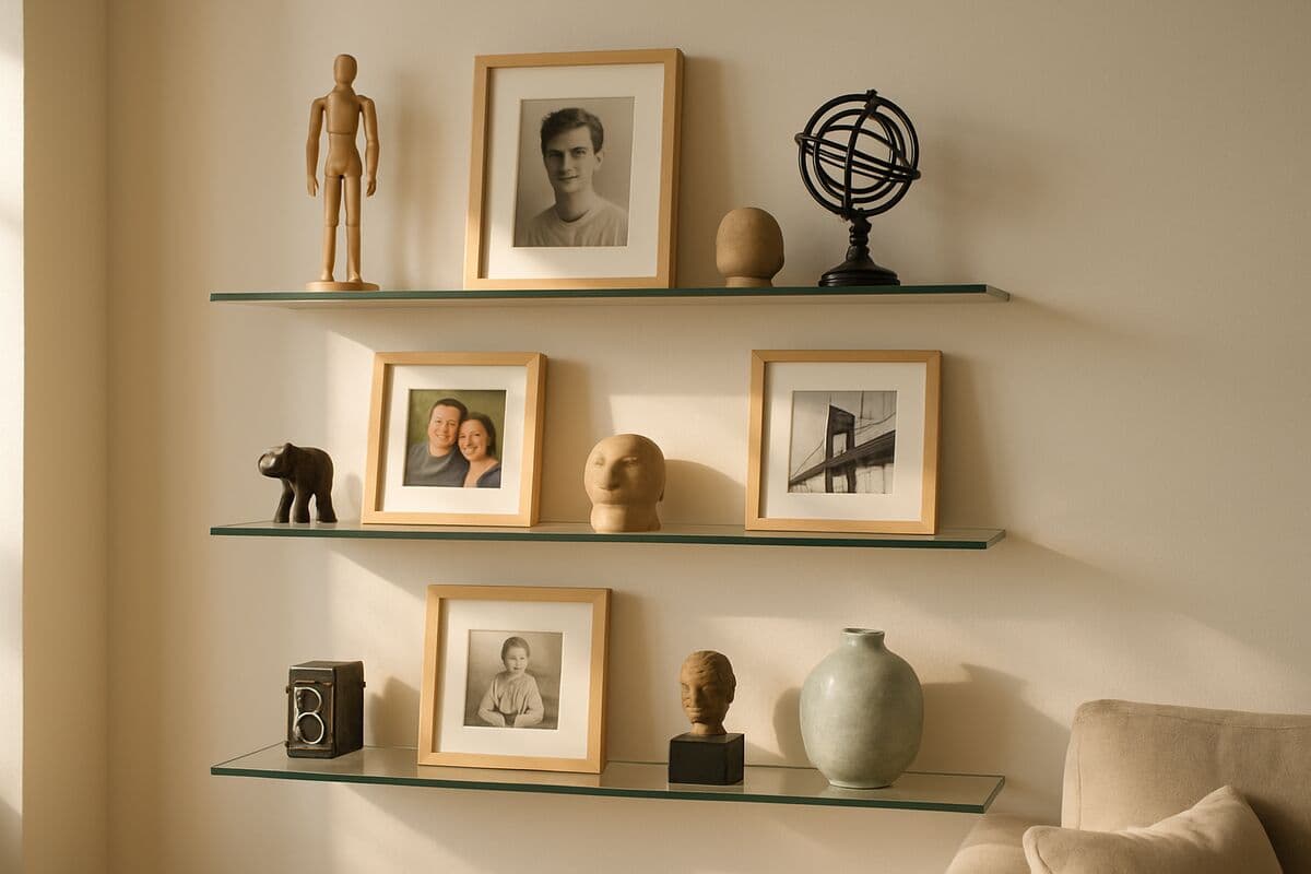 Floating glass shelves on a living room wall displaying framed photos, small sculptures, and collectibles