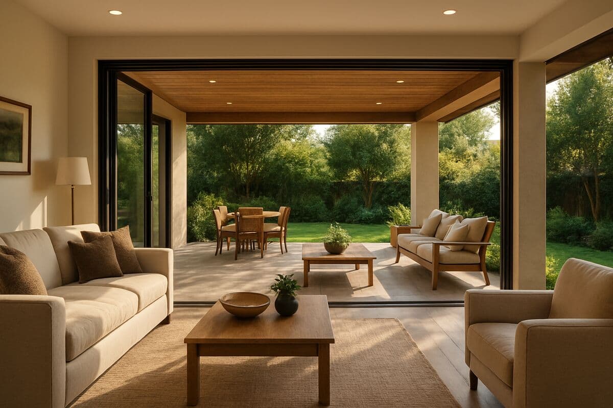 A large sliding glass wall system fully opened connecting an indoor living area to a covered outdoor patio
