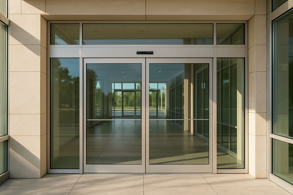 Modern automatic sliding glass doors at a bright commercial building entrance