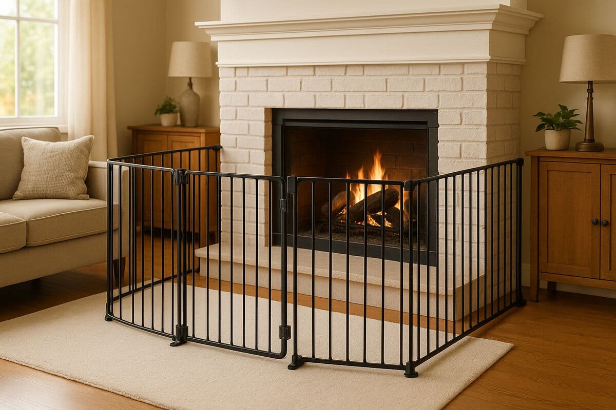 A freestanding metal childproof safety gate surrounding a living room fireplace