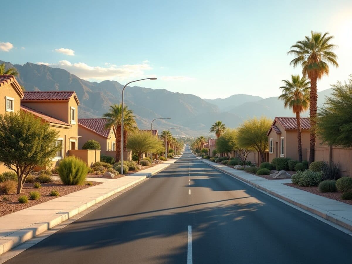 A sunny Las Vegas residential neighborhood street with desert landscaping and mountains in the background