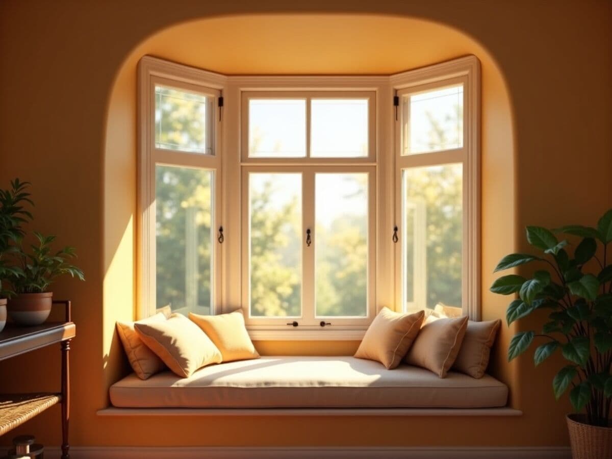 A bay window projecting outward with a cushioned window seat in a bright sunlit room