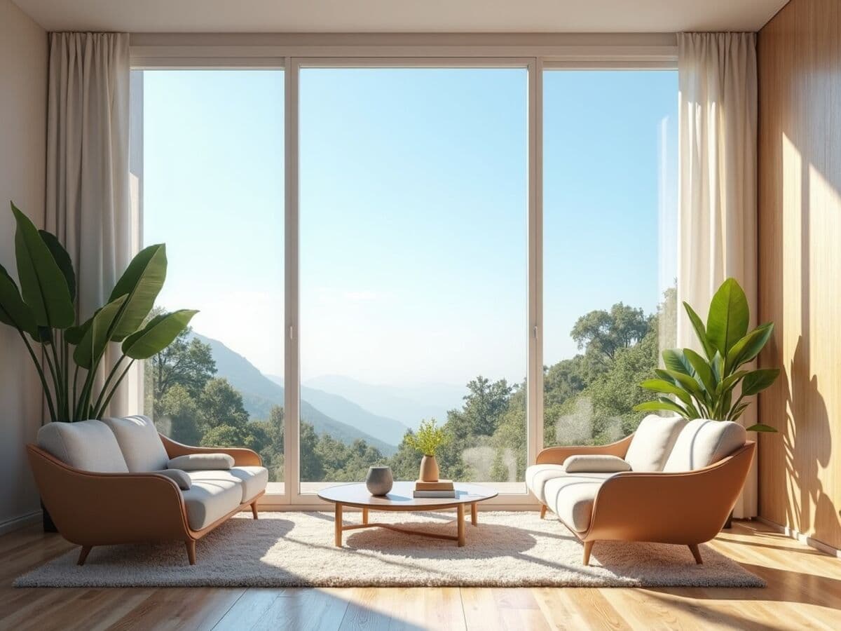 A large fixed picture window filling a modern living room with natural daylight and a clear view of blue sky