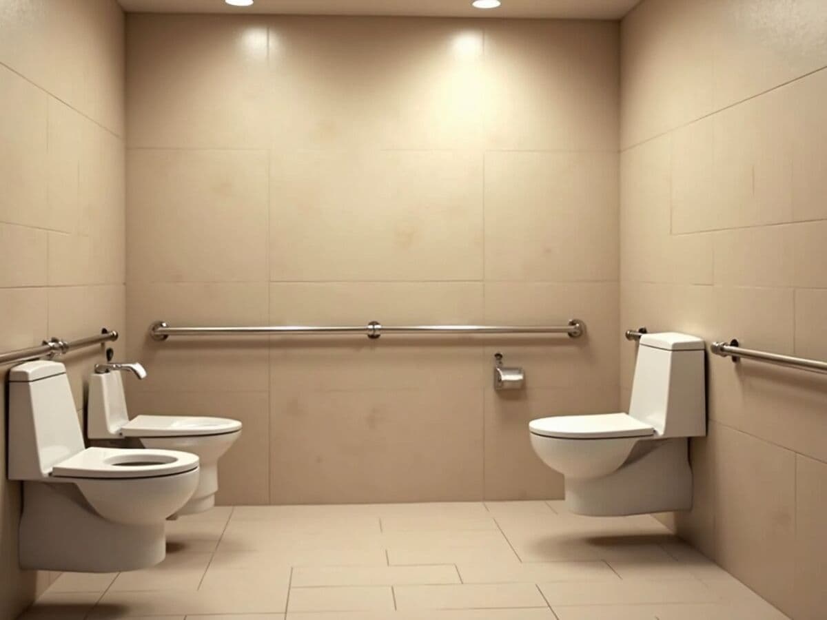 A clean modern ADA accessible commercial restroom stall with stainless steel grab bars on the side and rear walls