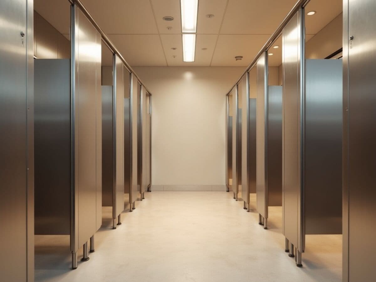 A row of stainless steel commercial restroom stall partitions in a clean modern public restroom