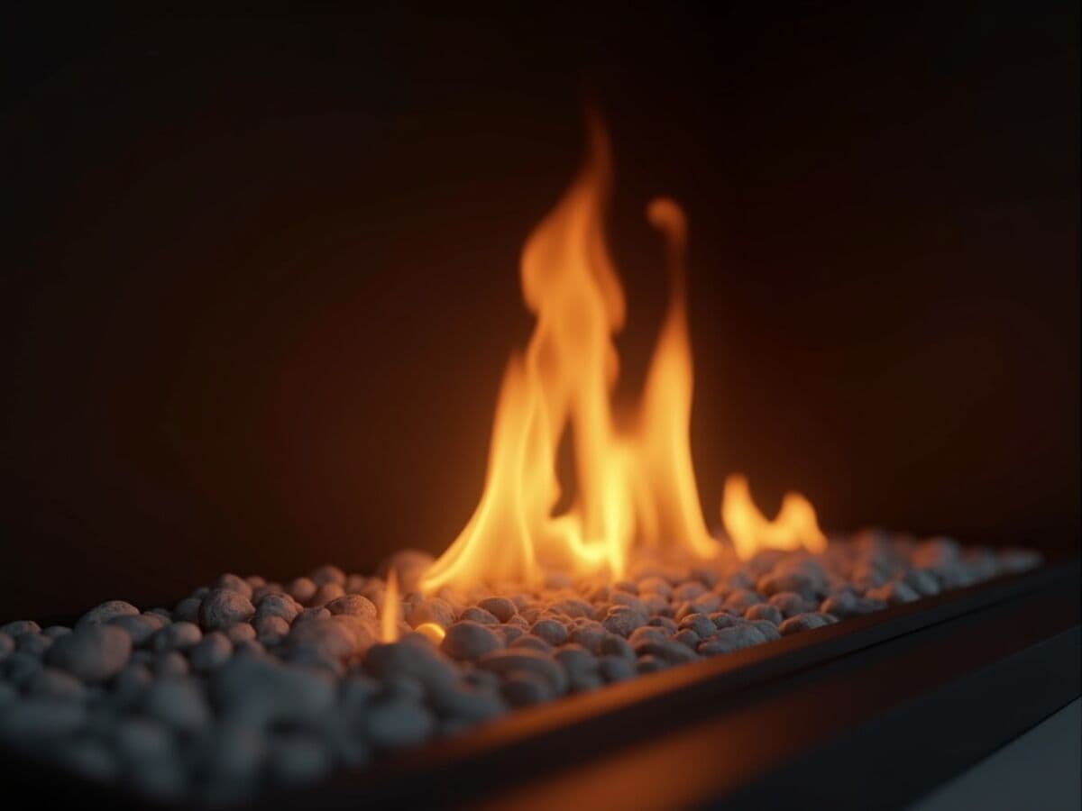 Close up of a contemporary gas fireplace flame rising over a bed of glass media with a reflective black porcelain interior