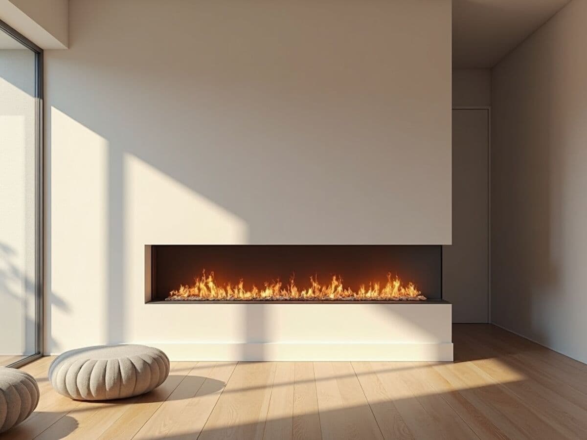 A sleek frameless linear gas fireplace built flush into a smooth drywall wall in a modern minimalist living room