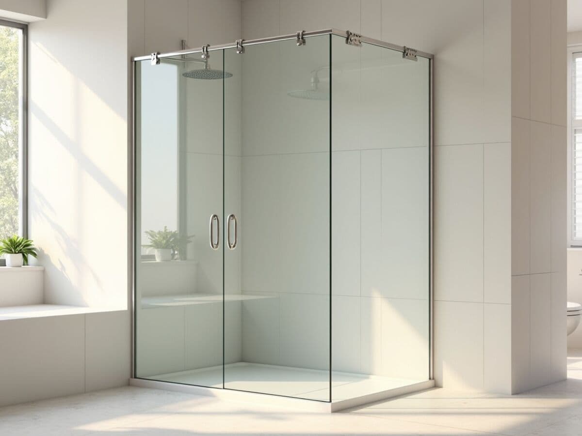 A frameless tempered glass shower enclosure with clear glass panels and tiled walls in a modern bathroom