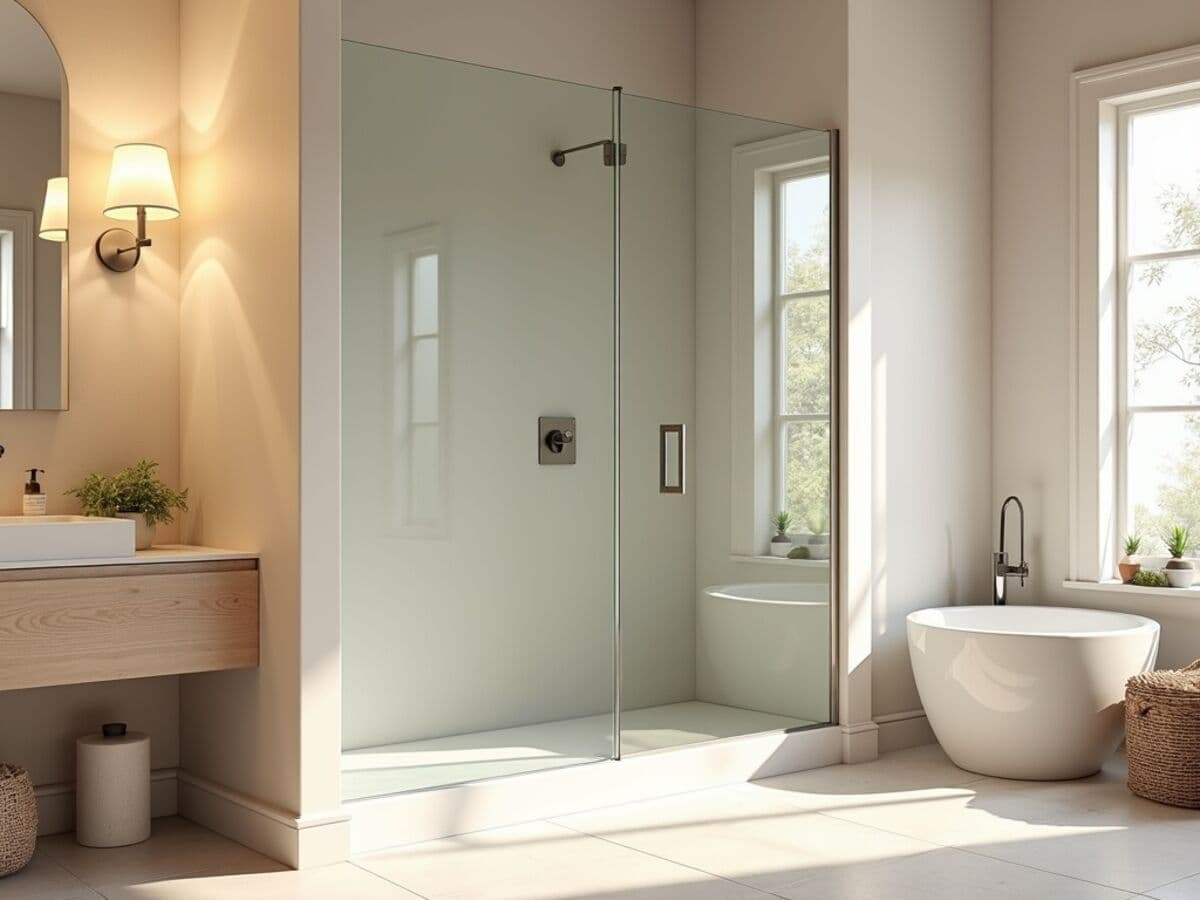 A walk-in glass shower enclosure with a single fixed clear glass panel in a spacious master bathroom