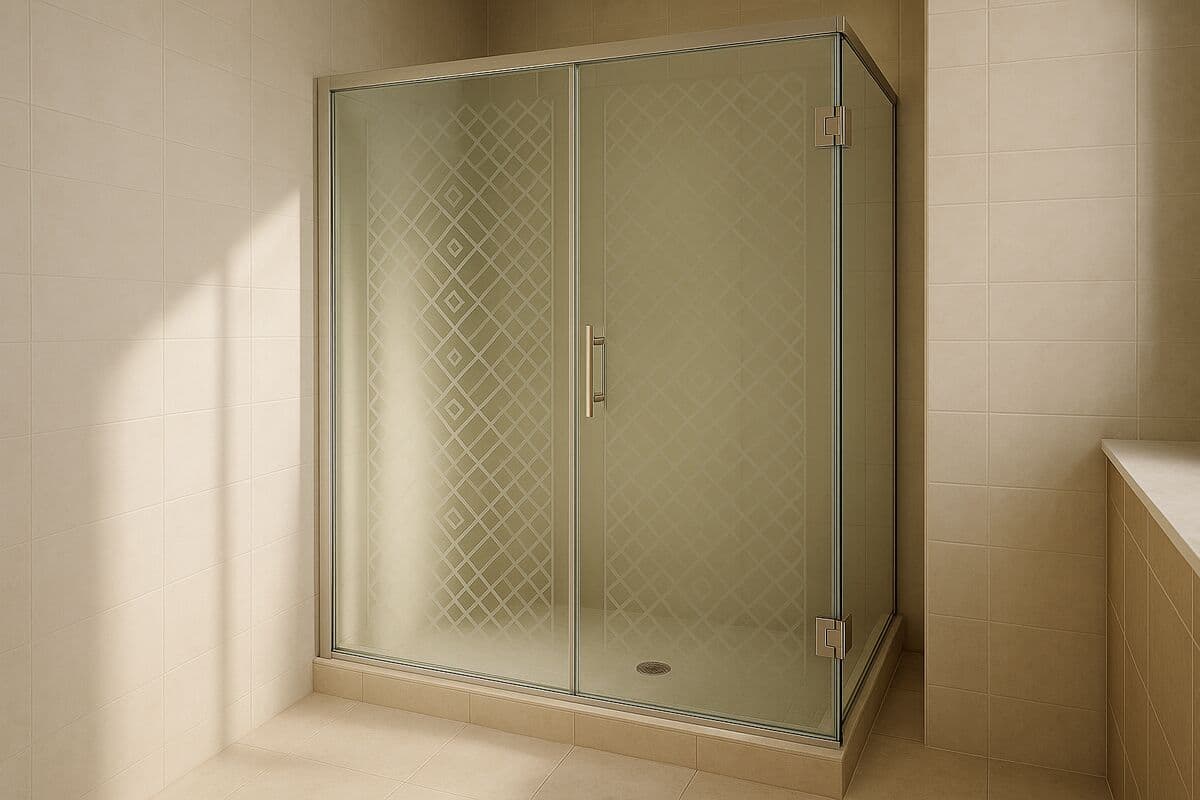 A frameless glass shower door with a frosted, etched geometric pattern that lets light through while adding privacy
