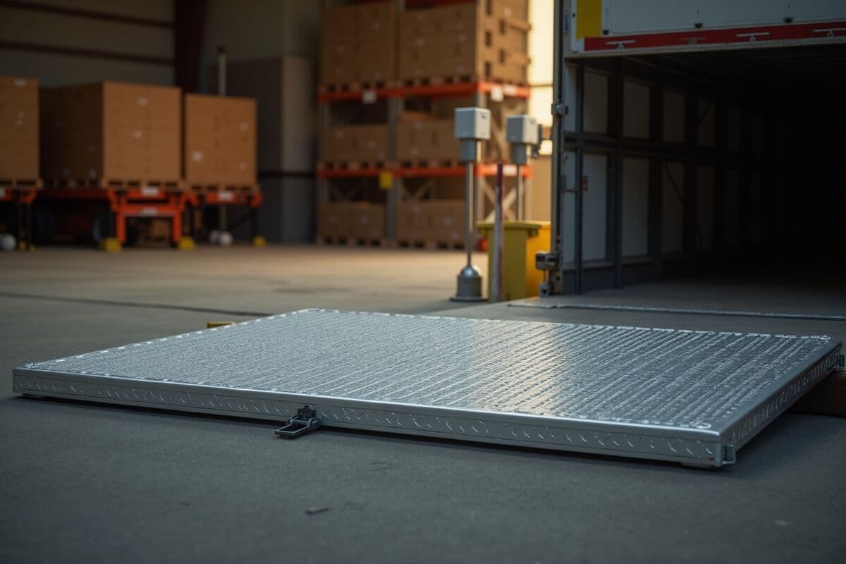 A portable ridged aluminum dock plate bridging the gap between a concrete loading dock and a truck trailer bed