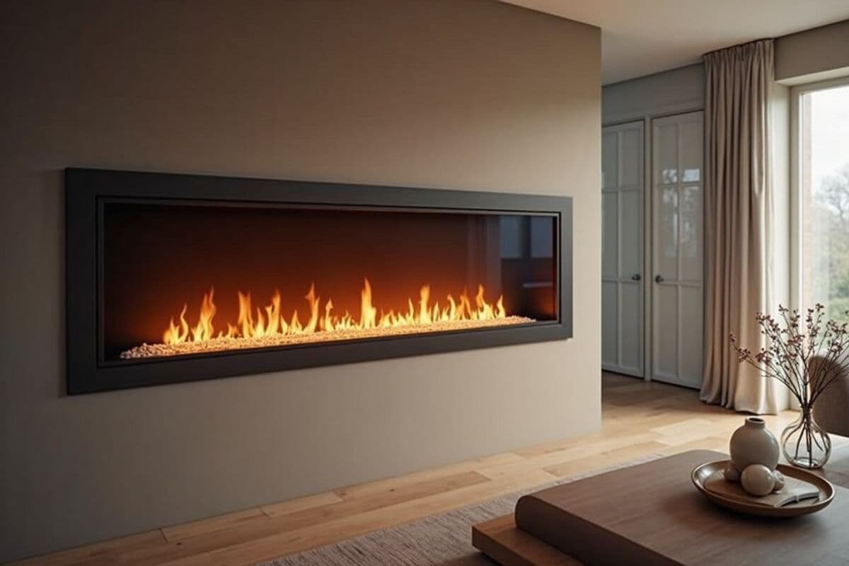 A wide linear wall-mounted electric fireplace with a long flame display and glowing ember bed in a modern open-concept great room