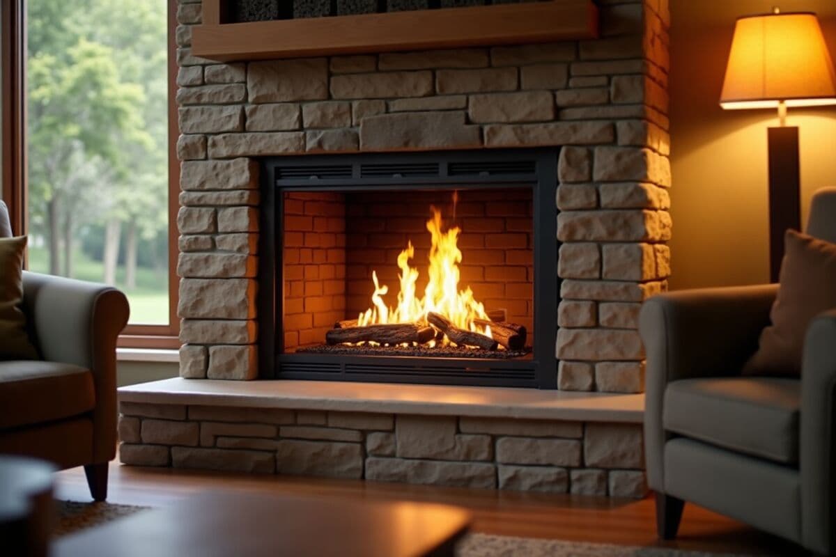 A modern direct-vent gas fireplace with tall realistic yellow and orange flames over ceramic logs set into a stone surround