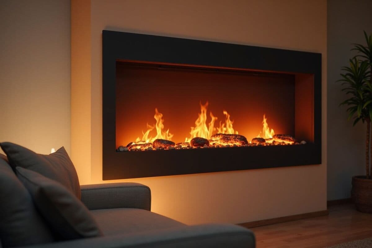 A cozy living room warmed by a wall-mounted electric fireplace with glowing flames, a comfortable sofa, and soft evening light