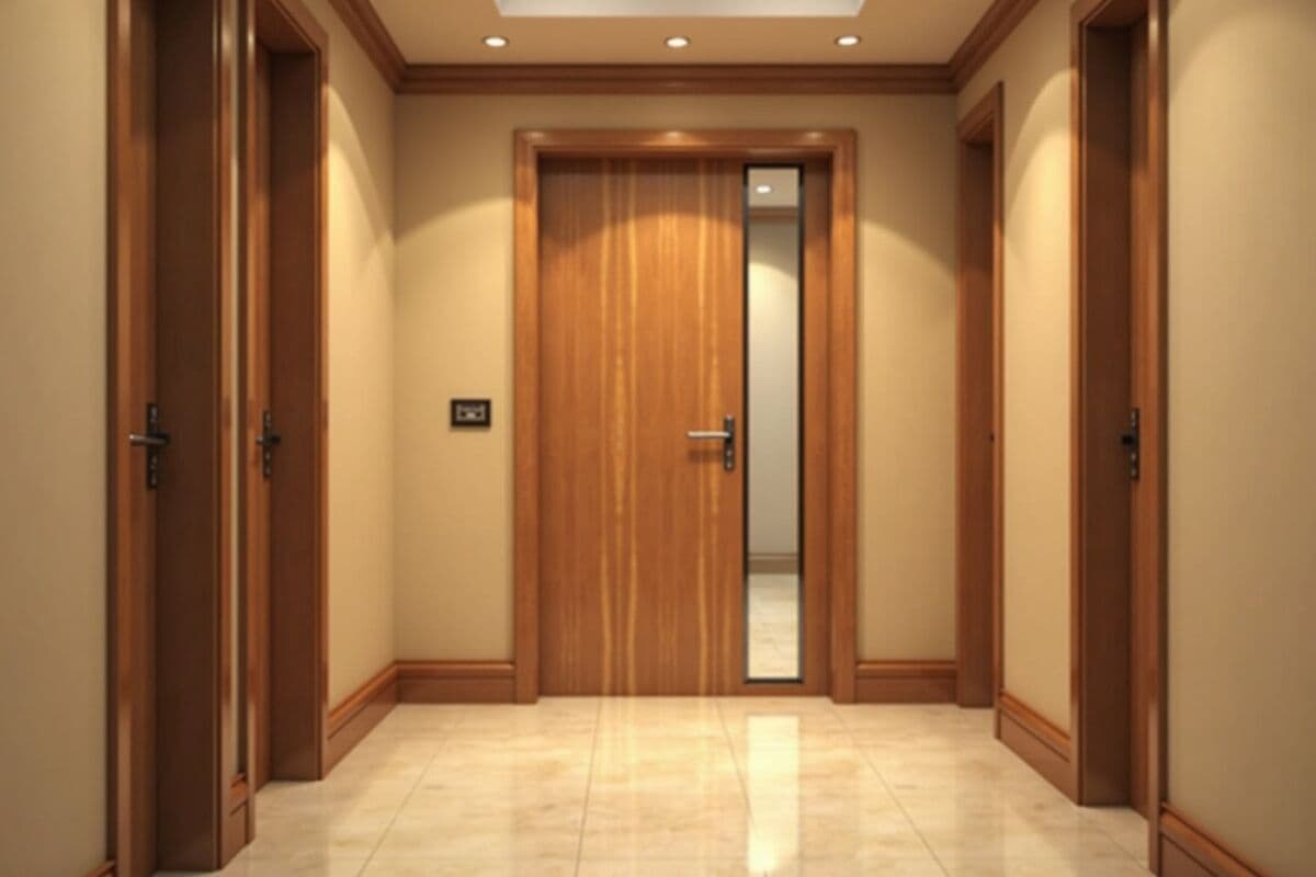 A fire-rated wood veneer door with a small vision glass panel and self-closing hardware in a clean hotel corridor