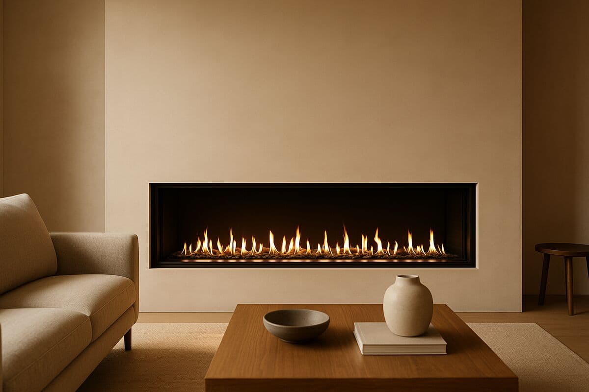 A wide modern linear gas fireplace with a long horizontal flame set into a smooth contemporary feature wall in an upscale living room