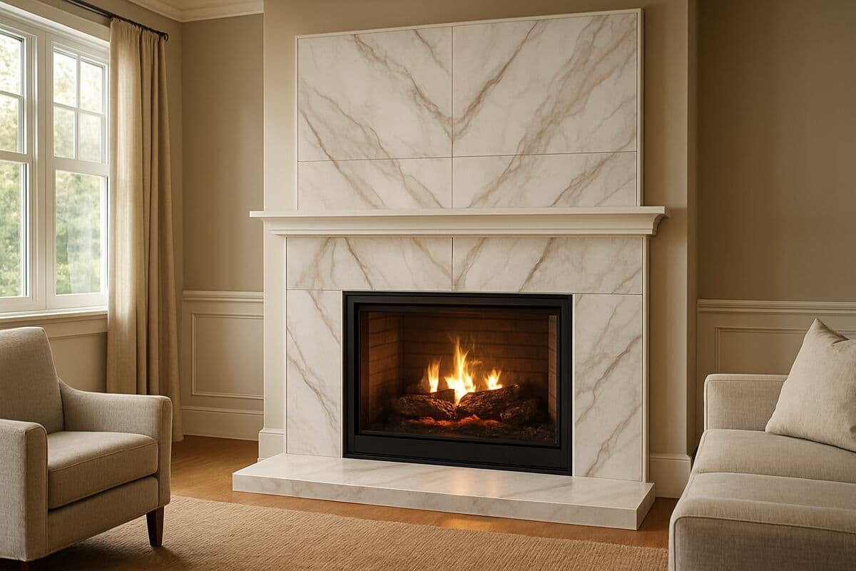 A fireplace framed by a large-format marble-look porcelain tile surround in a stylish transitional living room