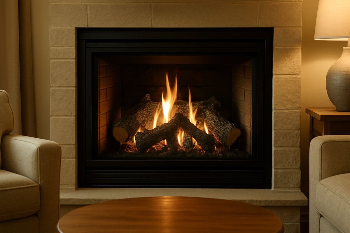 A direct-vent gas fireplace with a realistic glowing log set and detailed bark texture behind a clean glass front in a cozy living room