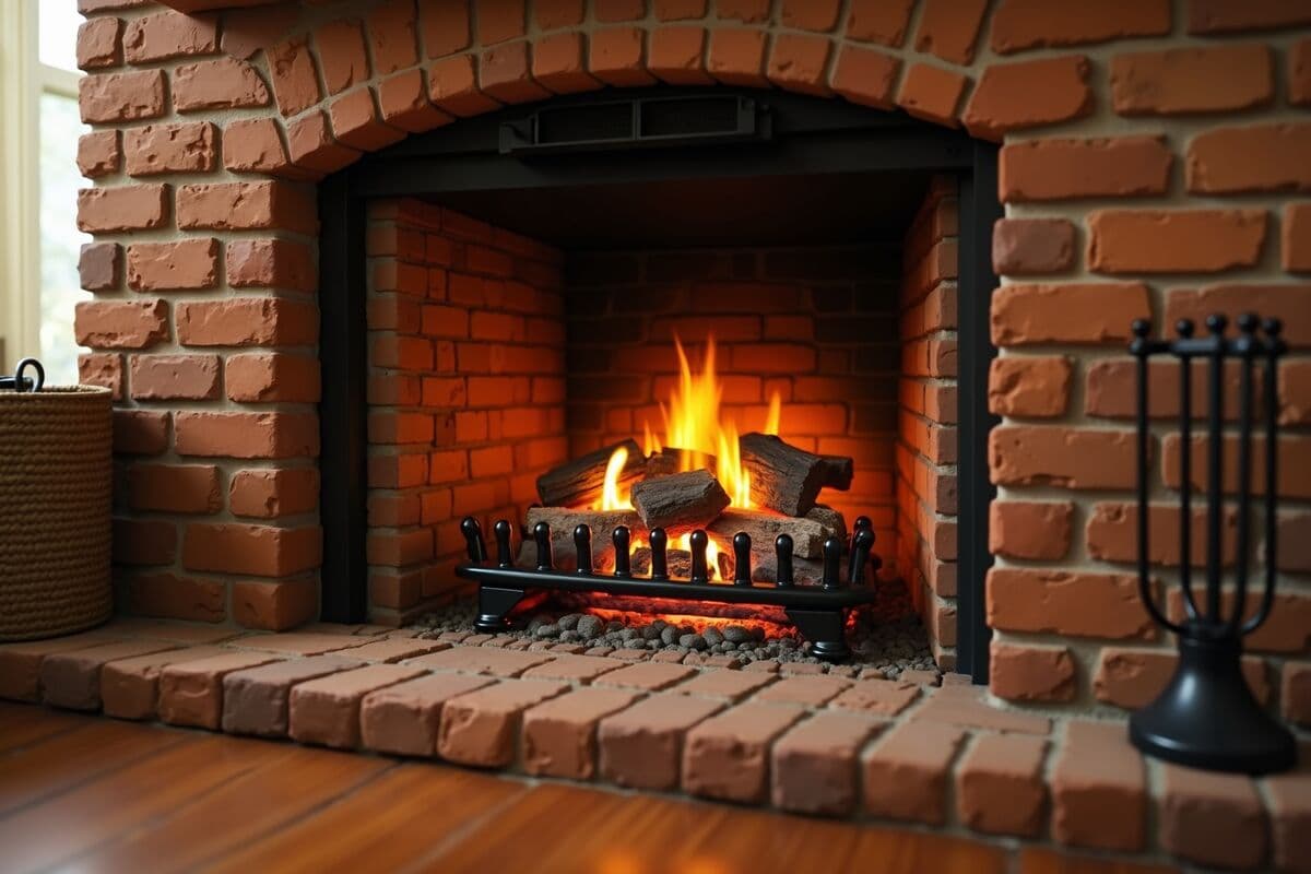 A gas fireplace insert with glowing flames installed inside an existing brick masonry fireplace opening in a traditional home