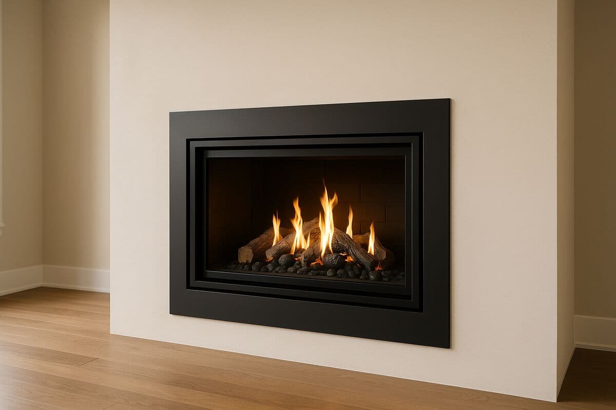 A self-contained modern gas fireplace with a glass front built into a new-construction living room wall with a clean surround
