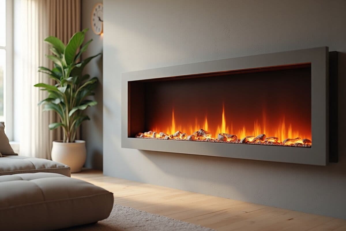 A sleek wall-mounted electric fireplace with an LED flame effect in a modern, brightly lit living room with no venting