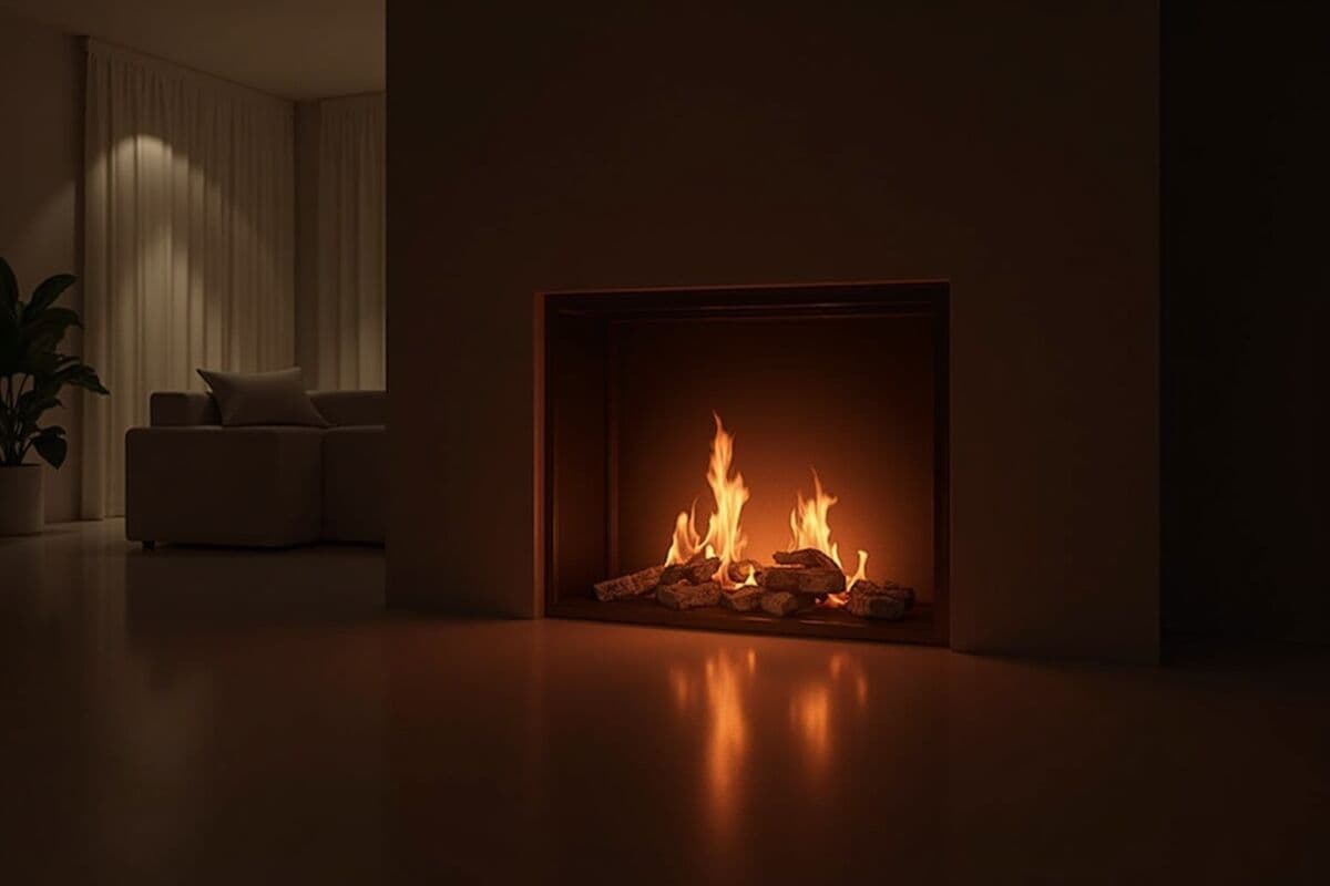 A gas fireplace with tall realistic flames and glowing embers in a warm living room during the evening