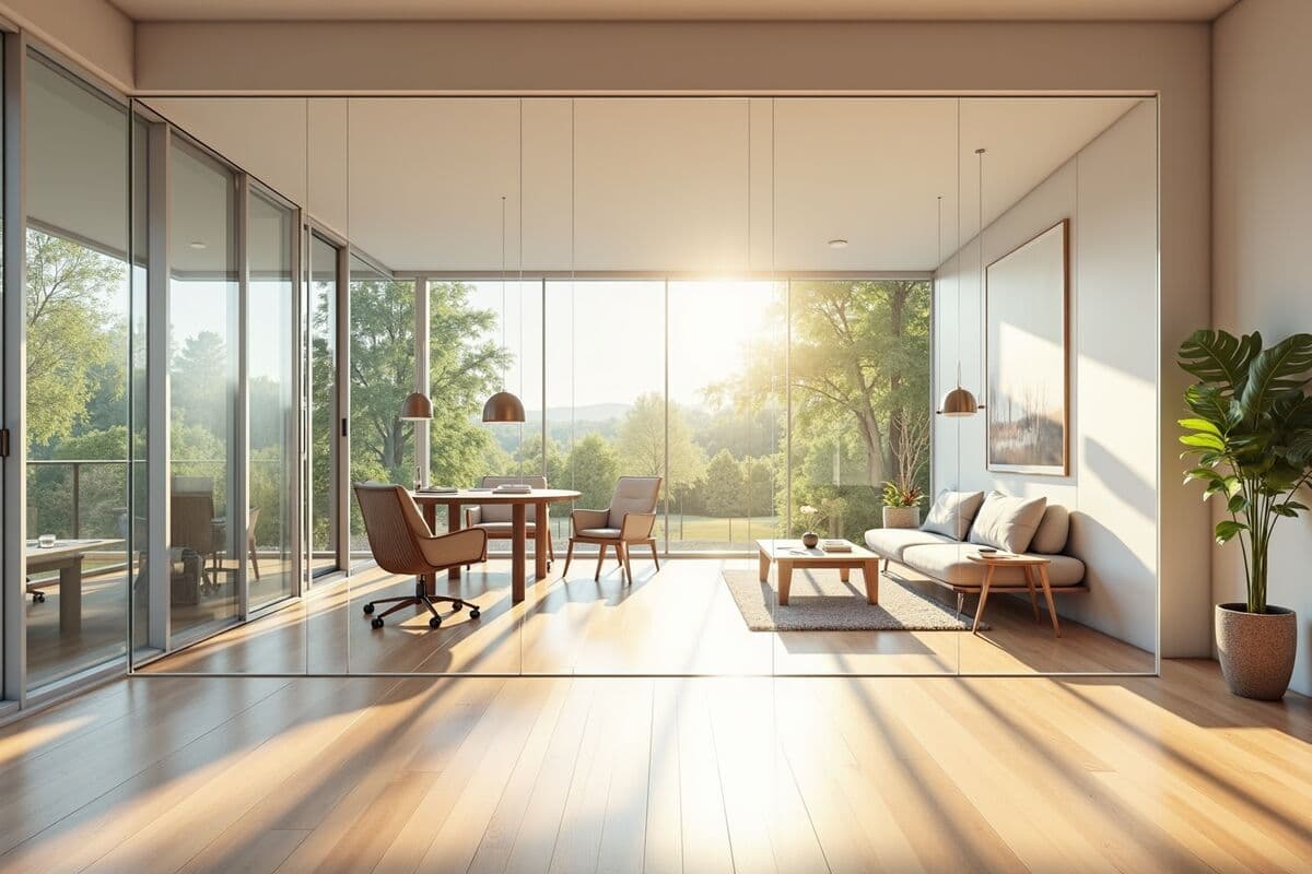 A floor-to-ceiling clear glass partition separating a home office from an open living area, with abundant natural light in a modern home