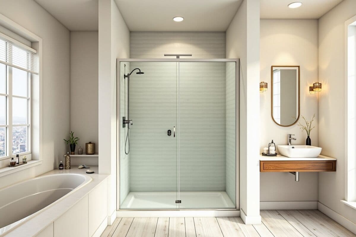 A custom frameless glass shower enclosure with clear tempered glass in a modern renovated bathroom