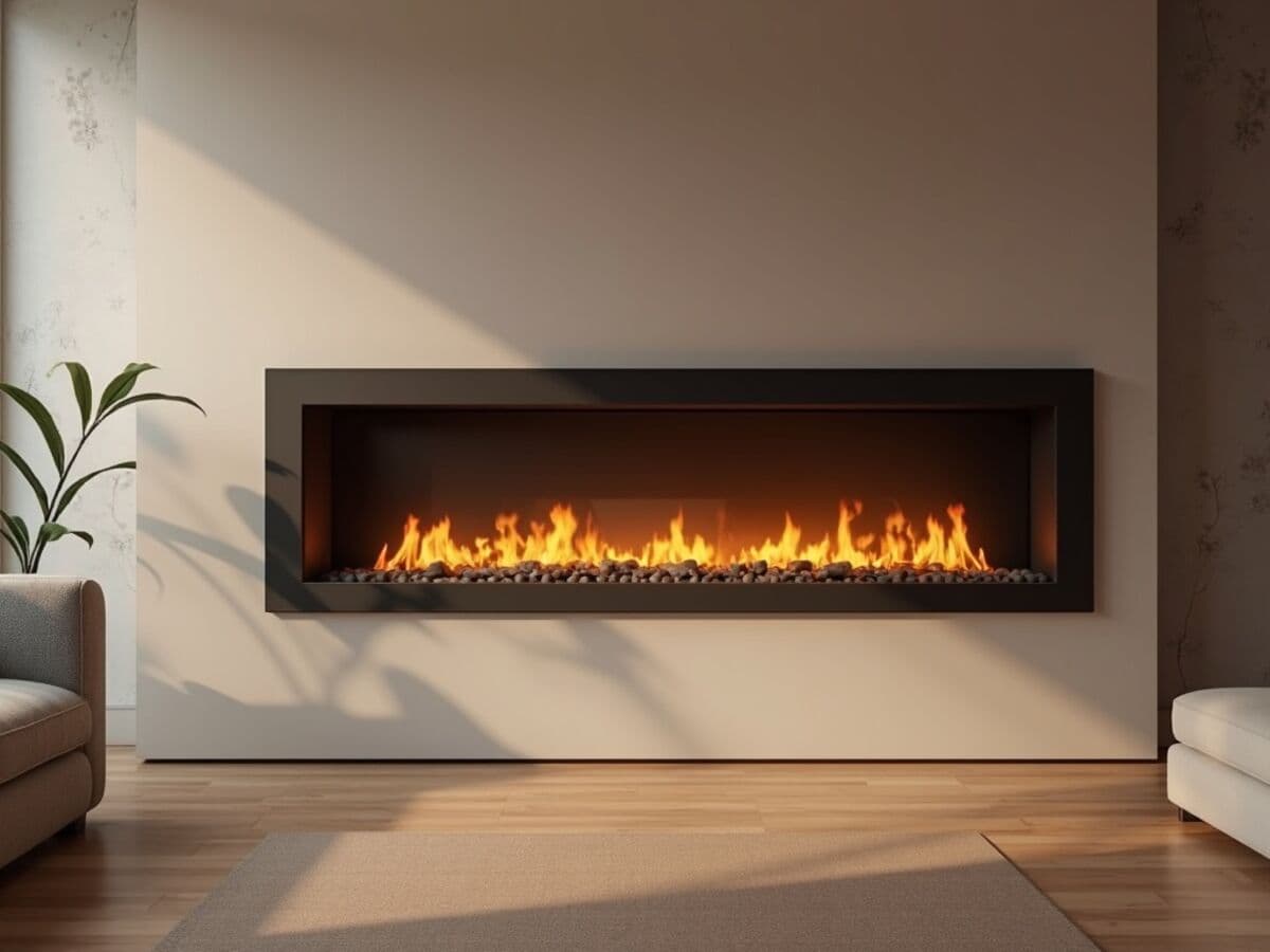 A frameless linear gas fireplace with edge-to-edge glass set into a smooth contemporary wall, amber flames spanning the wide viewing area