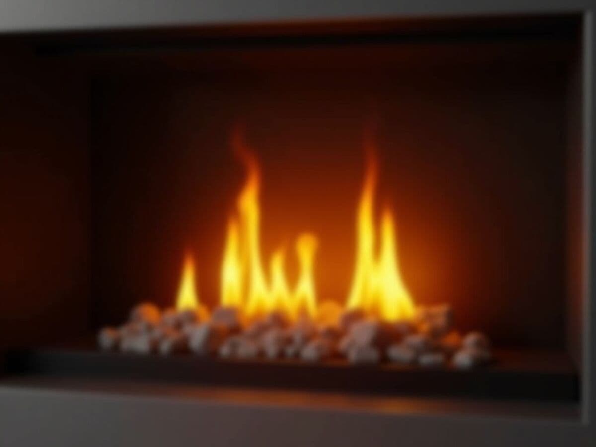 Close view of a contemporary gas fireplace firebox with a tall wide flame filling the glass over reflective glass media