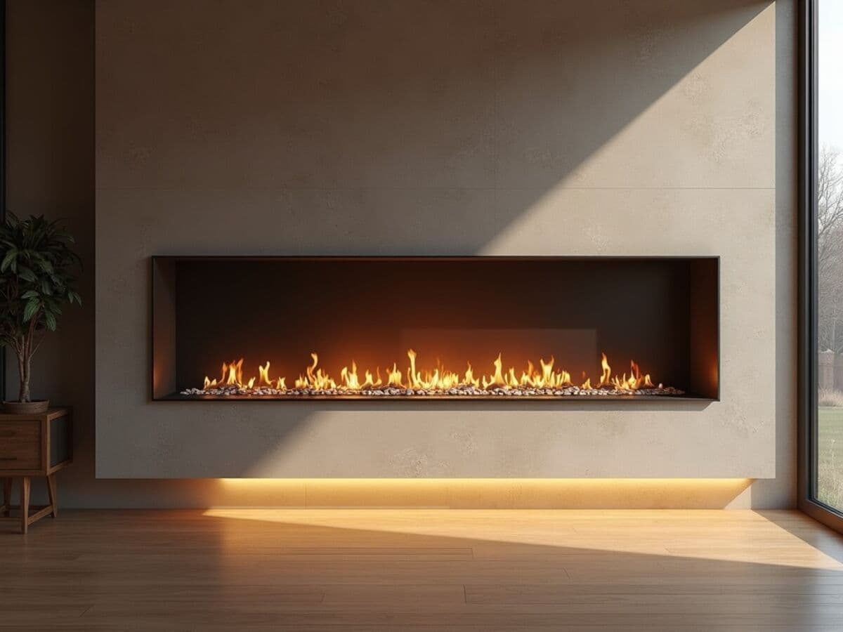 A wide linear gas fireplace recessed into a feature wall with a broad ribbon of flame in a contemporary architectural interior