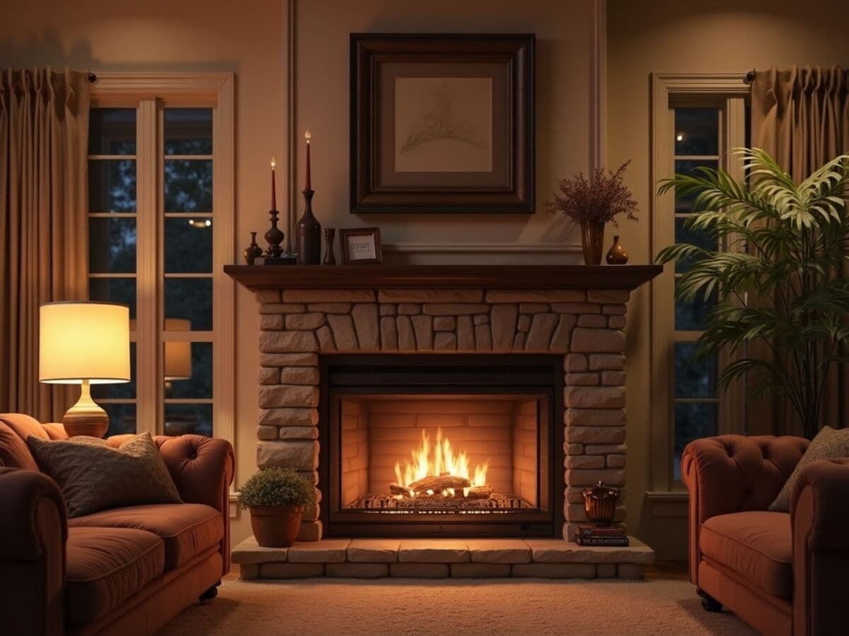 A direct vent gas fireplace with a glowing ceramic log set behind clean glass, set in a stone surround in a warm modern living room