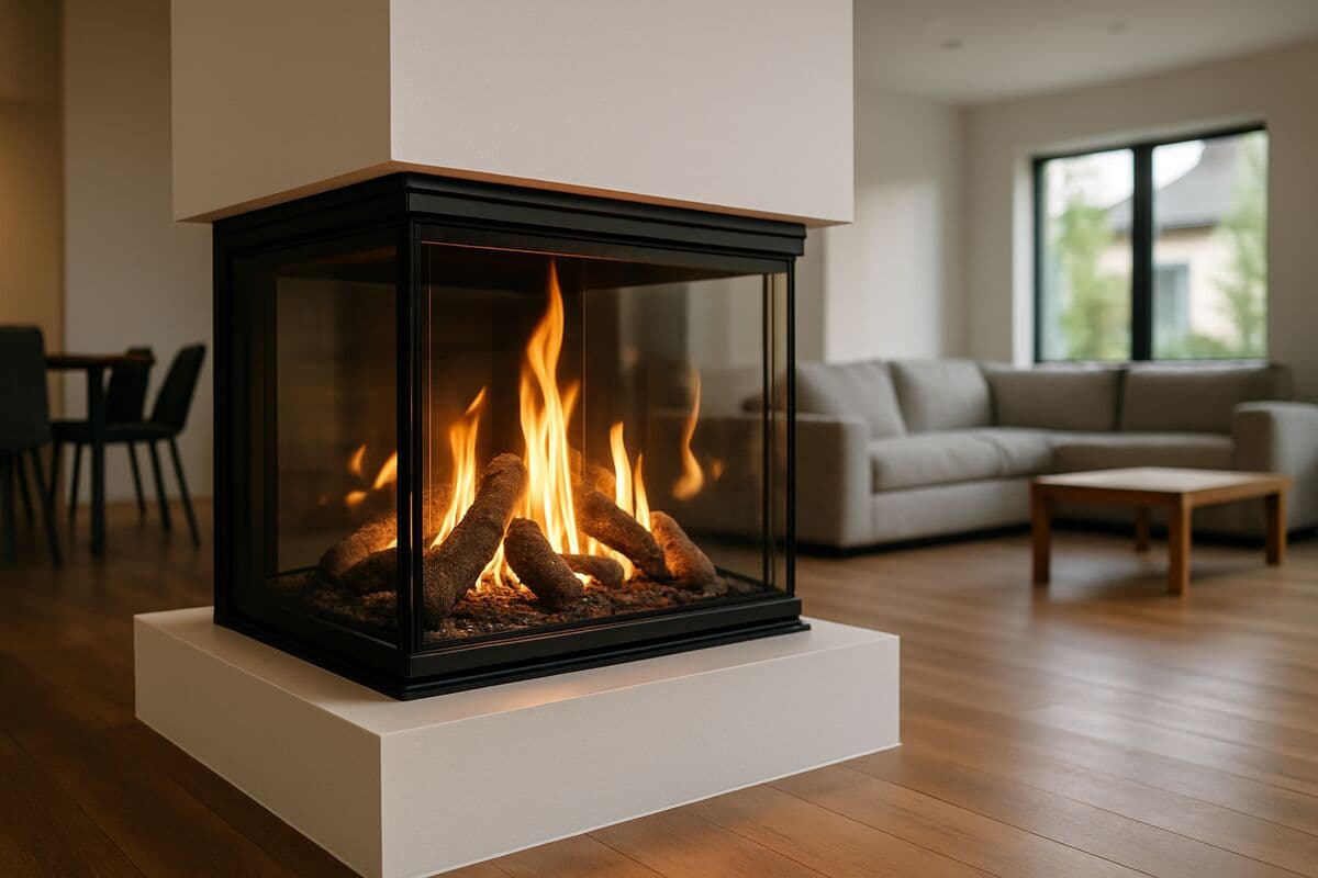 A three-sided peninsula gas fireplace projecting from a wall with flames visible from the front and both sides
