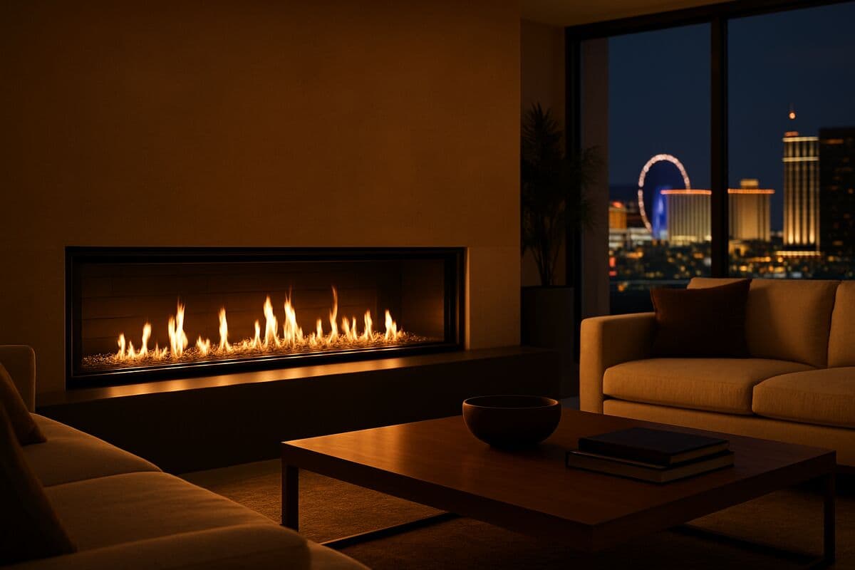 A sleek modern linear gas fireplace with clean lines and warm glowing flames in a contemporary Las Vegas living room