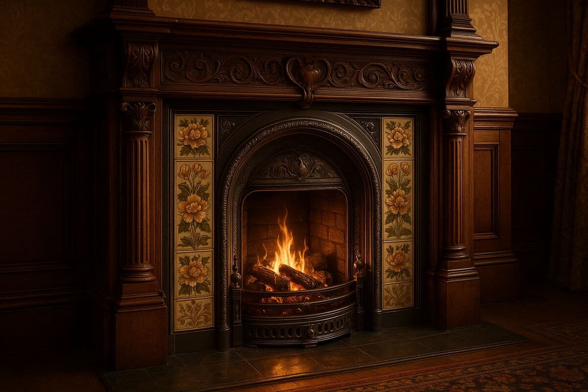 An ornate Victorian-era cast iron fireplace with decorative ceramic tile surround and carved wooden mantel