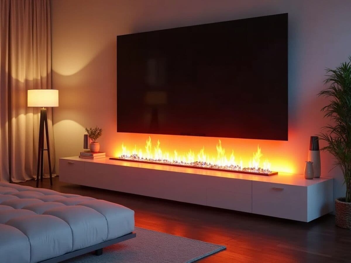 A modern built-in linear electric fireplace with vivid realistic multi-color LED flames over a crystal media bed