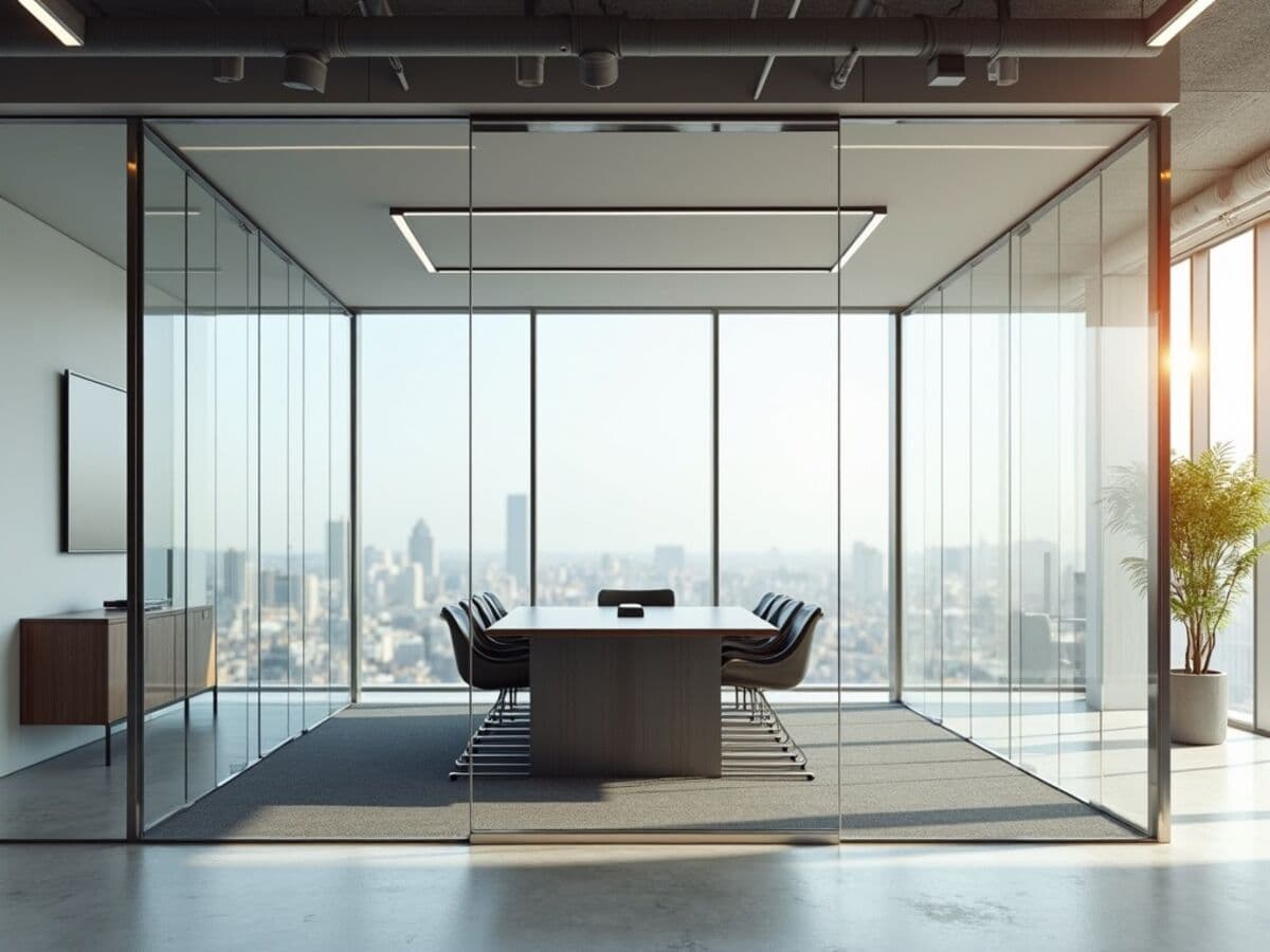 A glass-walled conference room with floor-to-ceiling tempered glass partitions and aluminum framing inside a modern open office