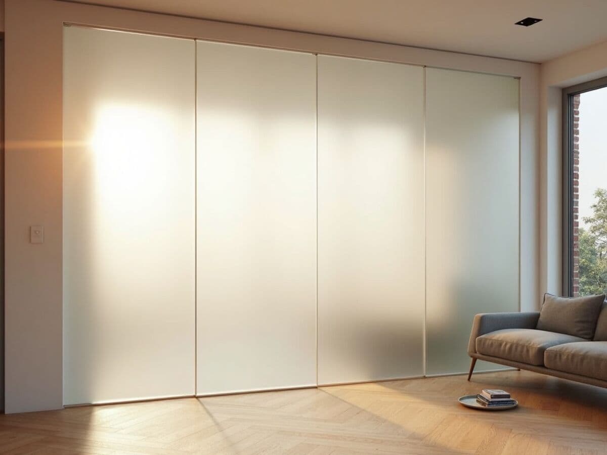 A frosted privacy glass wall divider with soft diffused light passing through translucent panels separating two living areas
