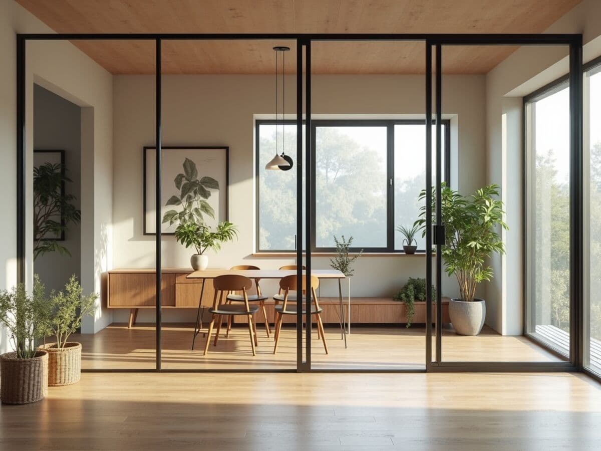 An interior glass wall with slim black framing and a glass door enclosing a home office within a bright open-concept house