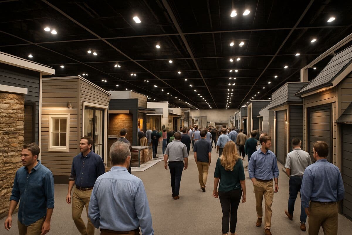 Attendees walking the aisles of a large residential construction trade show exhibition hall lined with product display booths