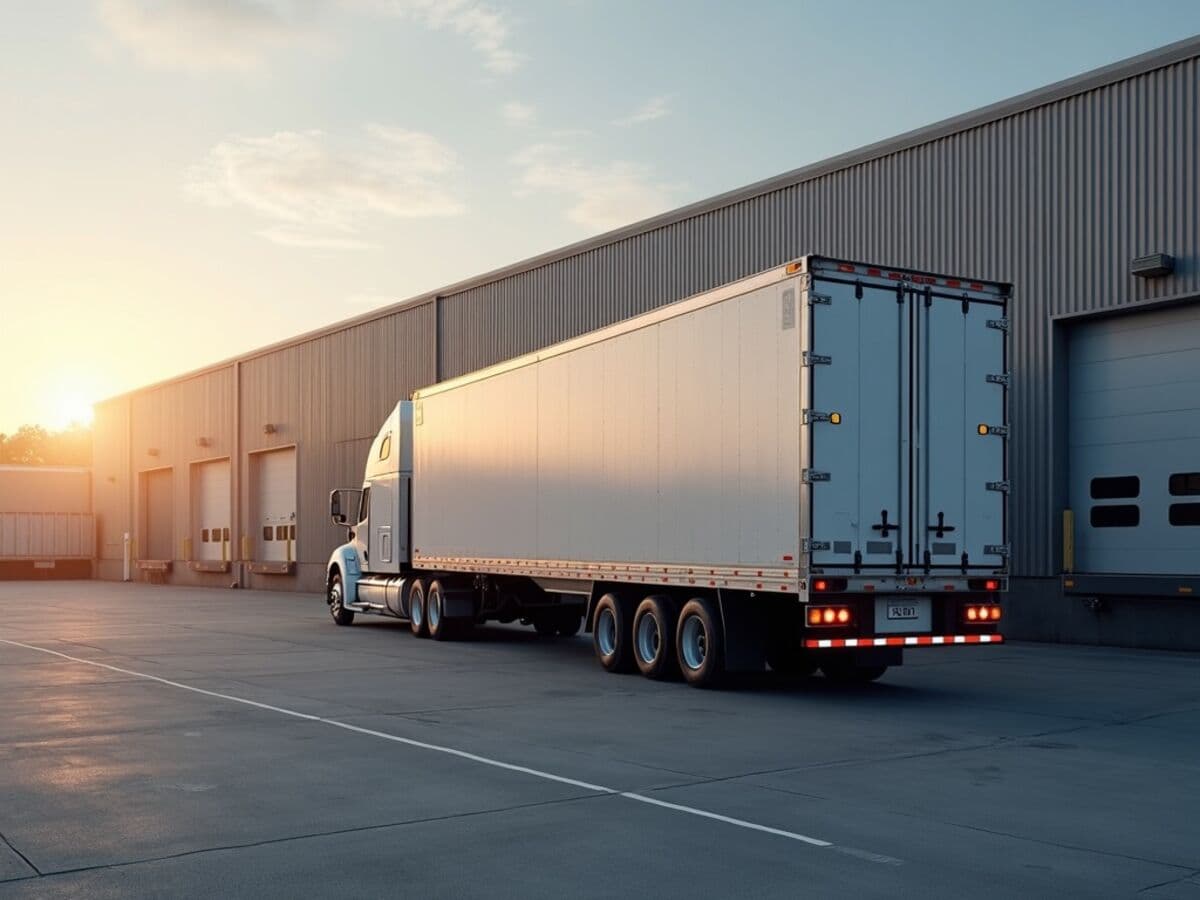 A semi truck trailer backed up to an industrial warehouse loading dock with multiple dock doors on a commercial facility