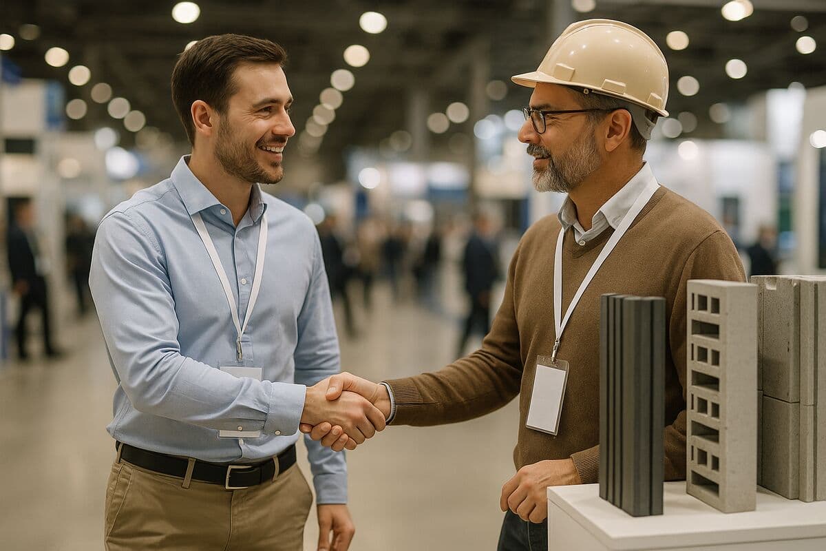 Two construction industry professionals shaking hands and talking near a product display at a trade show