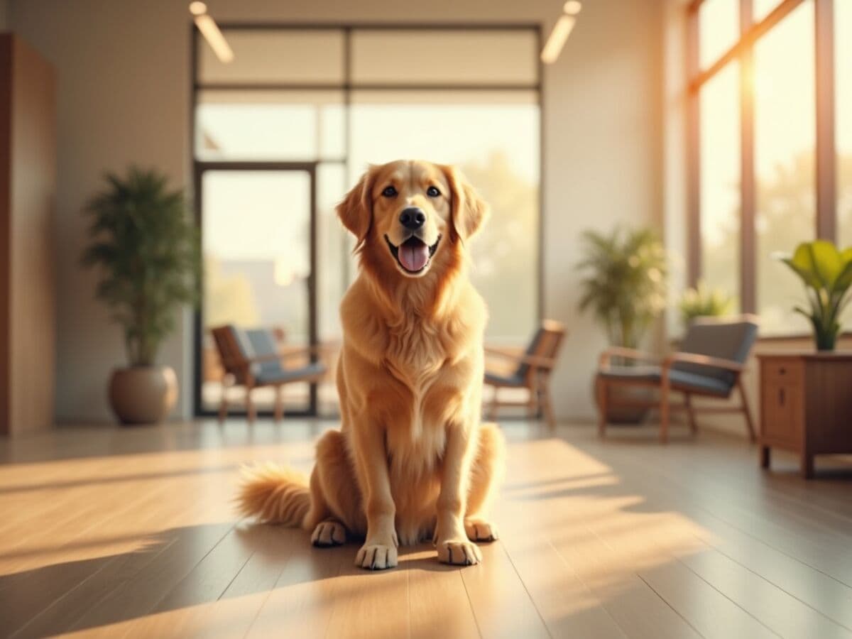 A happy golden retriever sitting in a bright showroom lobby with its tail wagging, greeting visitors