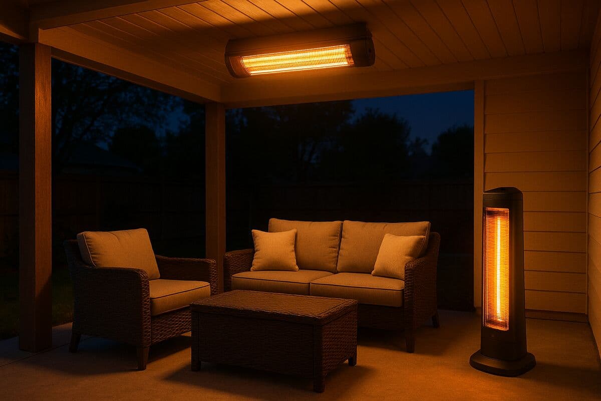 A covered outdoor patio at dusk with a mounted electric infrared heater glowing overhead and a tower heater beside a seating area