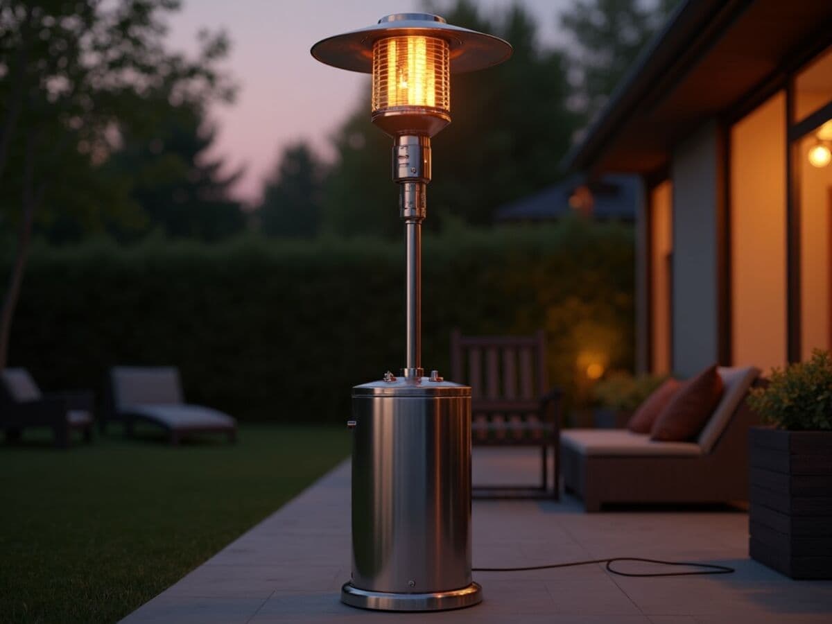 A tall stainless steel propane tower patio heater standing on a residential patio in the evening with outdoor dining furniture nearby