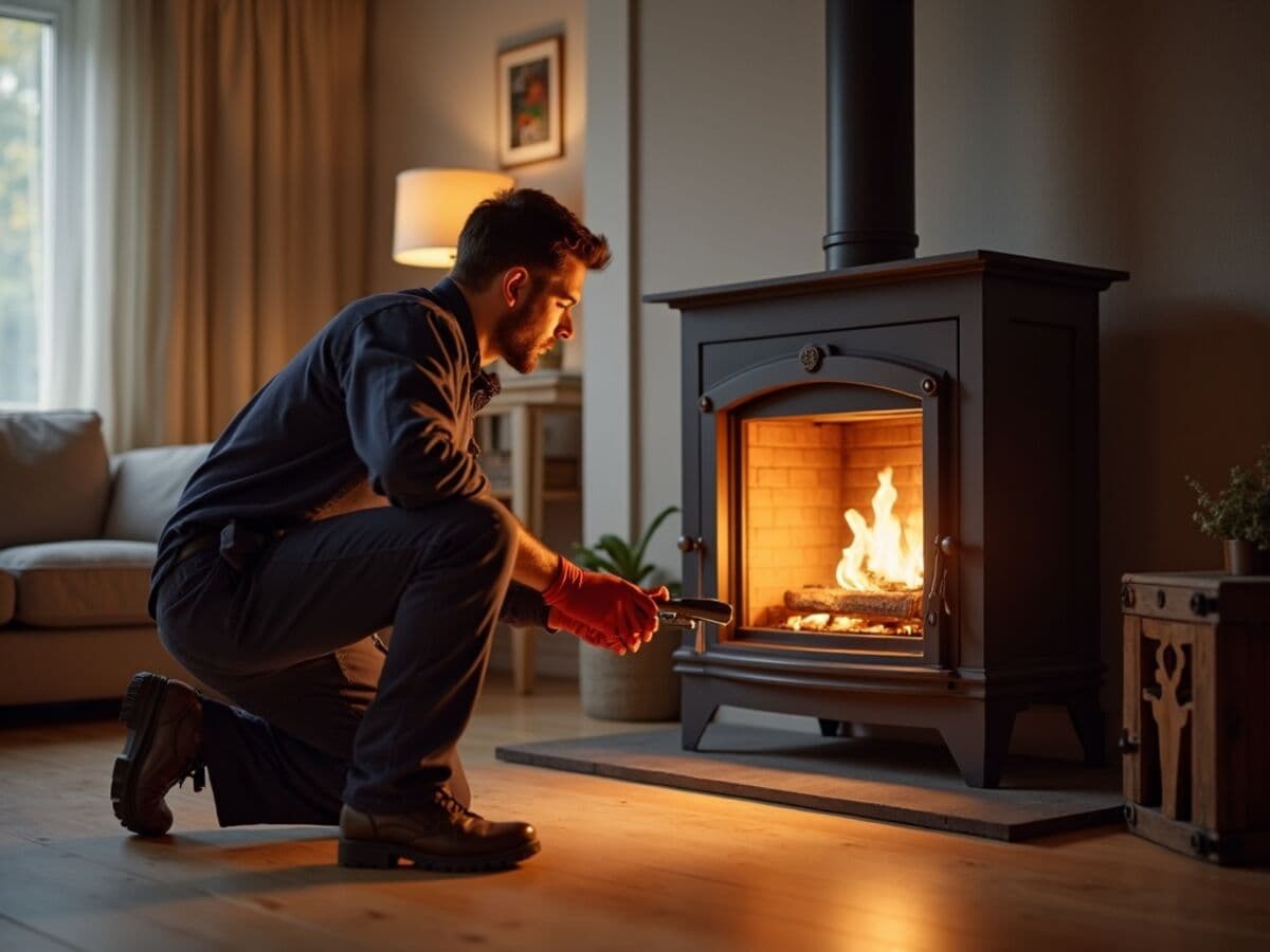 A technician in work gloves kneeling to inspect an open gas fireplace with a flashlight in a living room