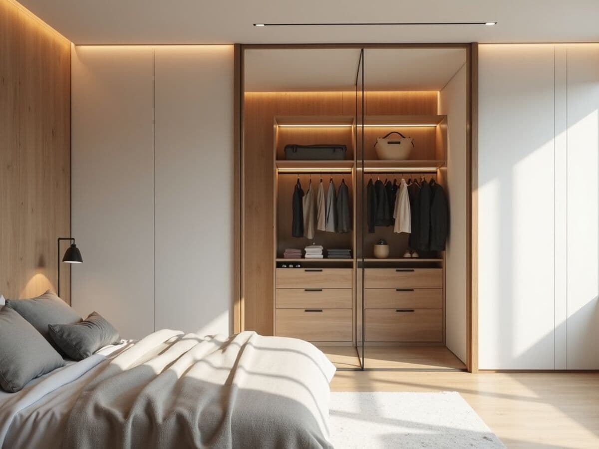A modern minimalist bedroom with a clear glass closet entry wall revealing an organized walk-in wardrobe